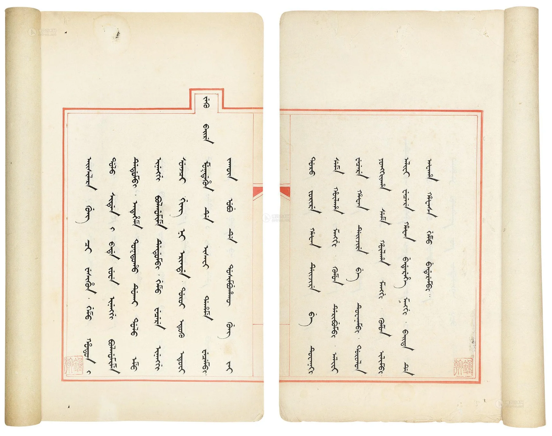 Open historical manuscript with vertical Manchu writing